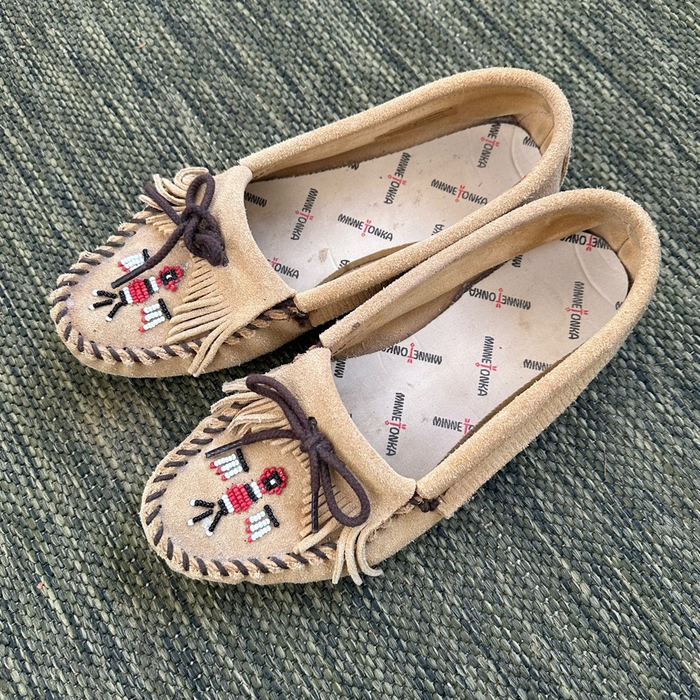 Minnetonka Tan Moccasins with Embroidered Design